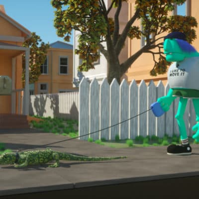 Animated green character walking a small alligator through a neighborhood.